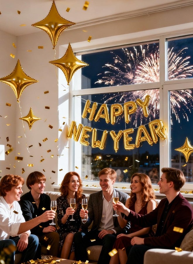 Haolongfa Gold Happy New Year Balloons Set, 16 Inch Gold Foil Letter Balloons with Star Balloon, 2026 New Year Eve Party Decorations, Festive Celebration Supplies for Countdown, Home, Bar & Photo Booth Decor - Image 3